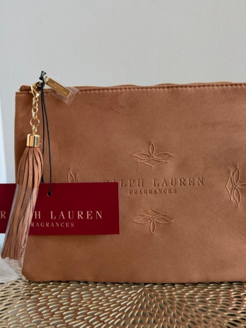 Ralph Lauren Suede Zip Clutch in Camel/Tan with Tassel